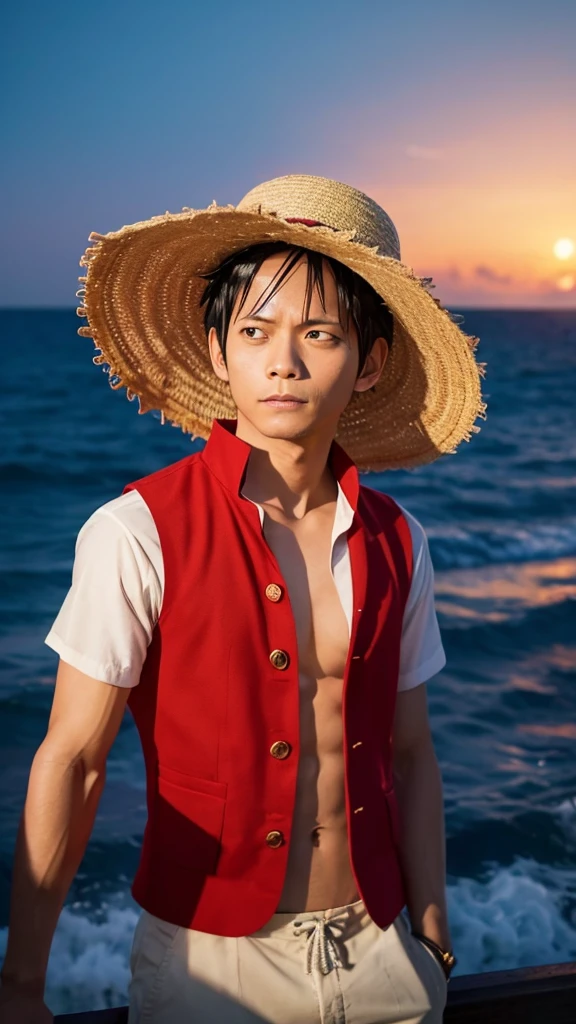 Luffy(ONE PIECE)Generate images of characters in a realistic style。Including his signature straw hat and red vest.、Please express a sense of adventure。Please face backwards and only show the upper body。The background is the ocean at night.。