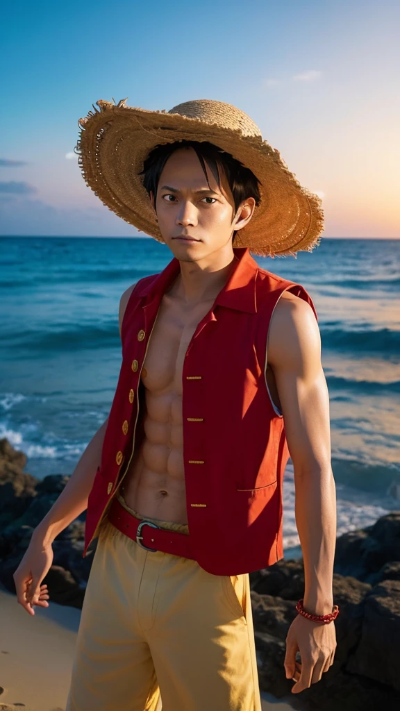 Luffy(ONE PIECE)Generate images of characters in a realistic style。Including his signature straw hat and red vest.、Please express a sense of adventure。Please face backwards and only show the upper body。The background is the ocean at night.。