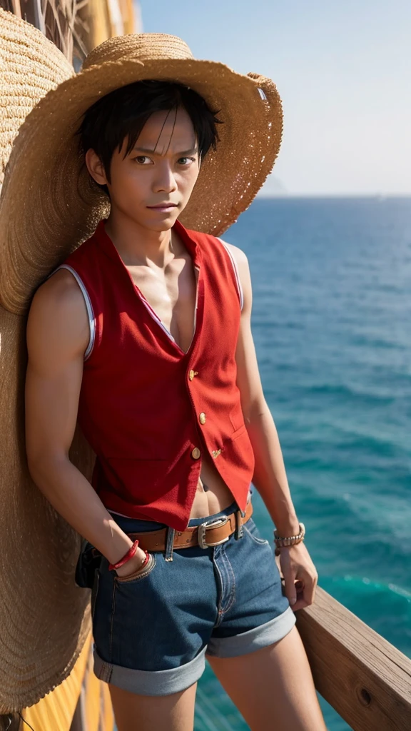 Luffy（ONE PIECE）Generate images of characters in a realistic style。Including his signature straw hat and red vest.、Please express a sense of adventure。Please face backwards and only show the upper body。The background is the ocean at night.。