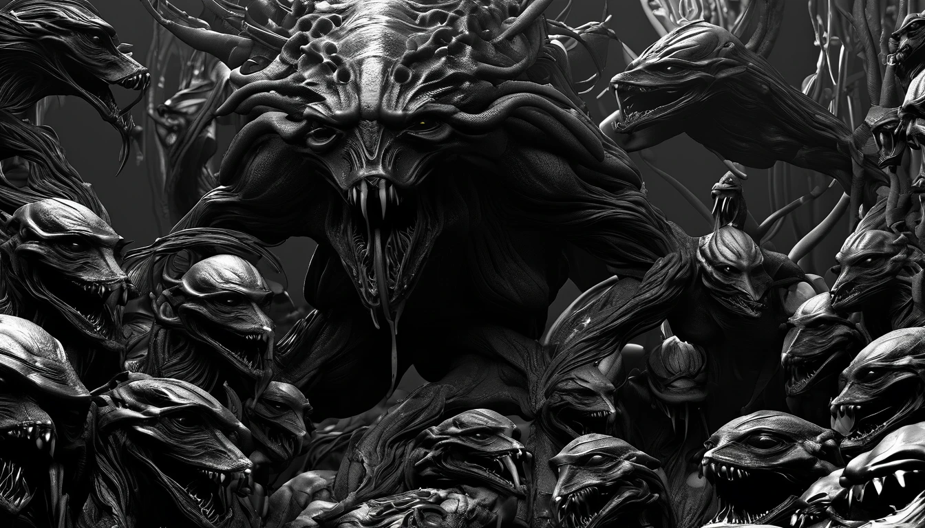 in (medium full shot:3.1) of lot of characters from (metal hurlant magazine:3.1), inspired by style of Chris Mars art, in apocalypse in chaotic world, oily and slimy creatures (with Creepy, Sci-Fi, Fantasy and Horror:2.9) retro sci fi, Horror movie, horrified, terrified, insane, disgusting, disturbing, disturbing, Impactful, cgsociety, hyper-detailed, digital illusions, retrofuturistic, cyberspace, photorealistic, arts visuals. ((cinematic film)), Ultra detailed, RAW photo, cinematic, artstation style, concept art, masterpiece, 8k, black and white, realistic textures, (3D rendering:3.1)