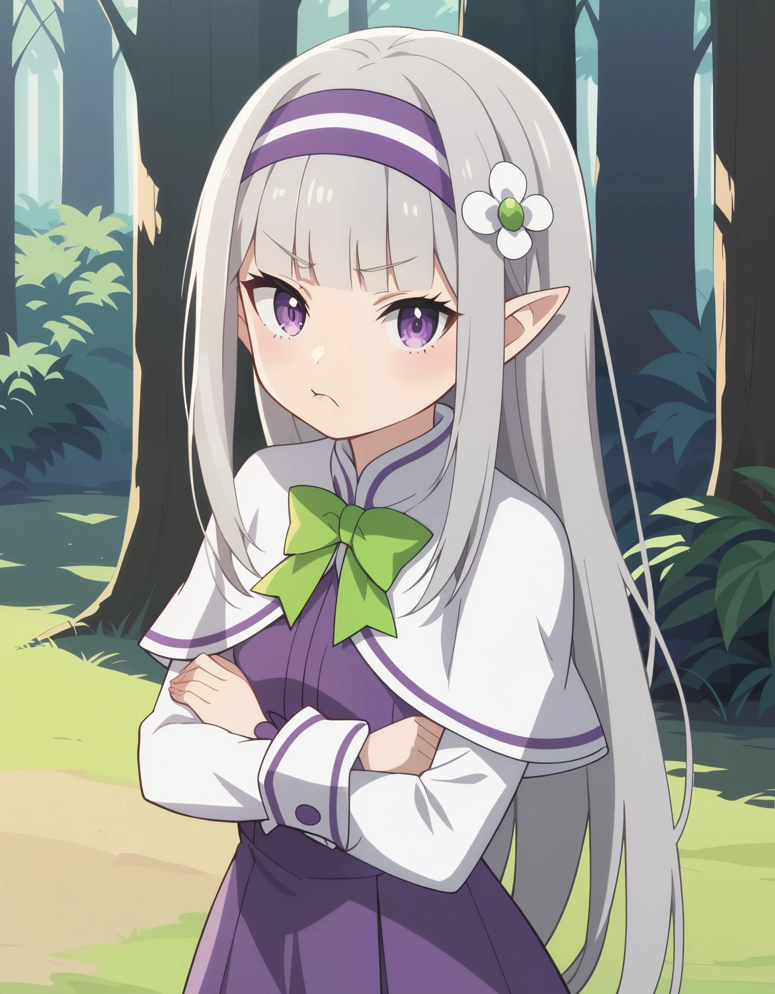 score_9, score_8_up, score_7_up,1girl, long hair, grey hair, hair flower, bangs, pointy ears, hairband, solo, blunt bangs,  white capelet, long sleeves, looking at viewer, purple dress, very long hair, standing, green bow, cowboy shot, purple eyes, crossed arms, pout,
outdoors, forest,
anime screencap, anime coloring,source_anime,