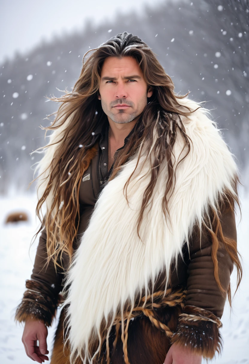 A masculine, Bulky Male, in a snowy Climate, long And Tangled hair, Wears animal Hides only, 