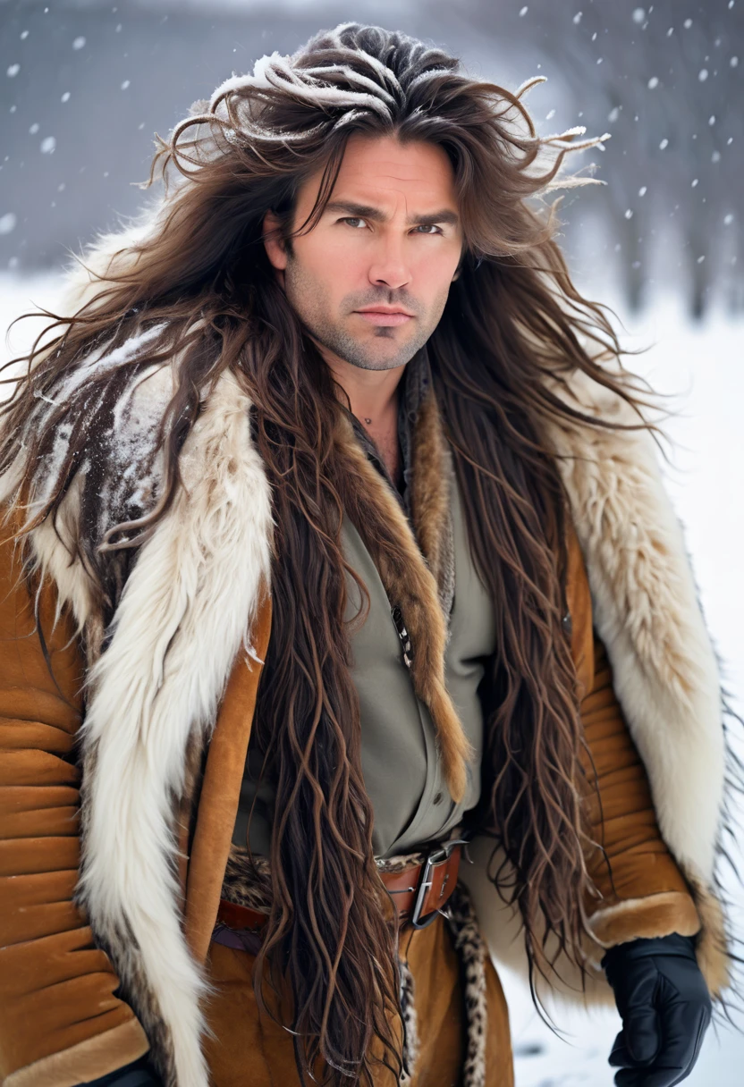 A masculine, Bulky Male, in a snowy Climate, long And Tangled hair, Wears animal Hides only, 