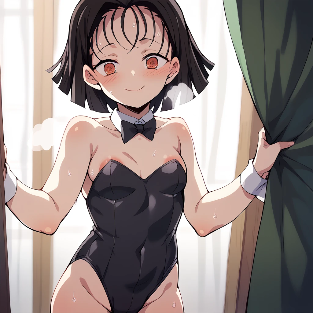 Browsing Caution,Sweat,White Breath,Demon slayer,Terauchi Kiyo,Standing posture,Large areola,White steam,Small breasts,Bunny costume,Open the red curtains,corridor,Welcome,smile