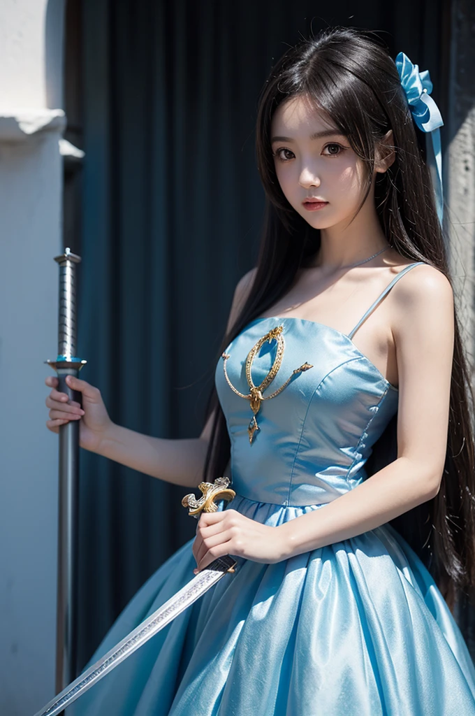 Anime girl holding a sword and wearing a blue dress, Portrait of a magical girl, Meow, Anime cute art style, Portrait of the Knights of the Zodiac, Cirno&#39;s anime portrait, Flat anime-style shadows, Detailed key animation art, Discord profile picture, Soft anime illustration, I will also draw the fan, Maintain your posture, White cyan