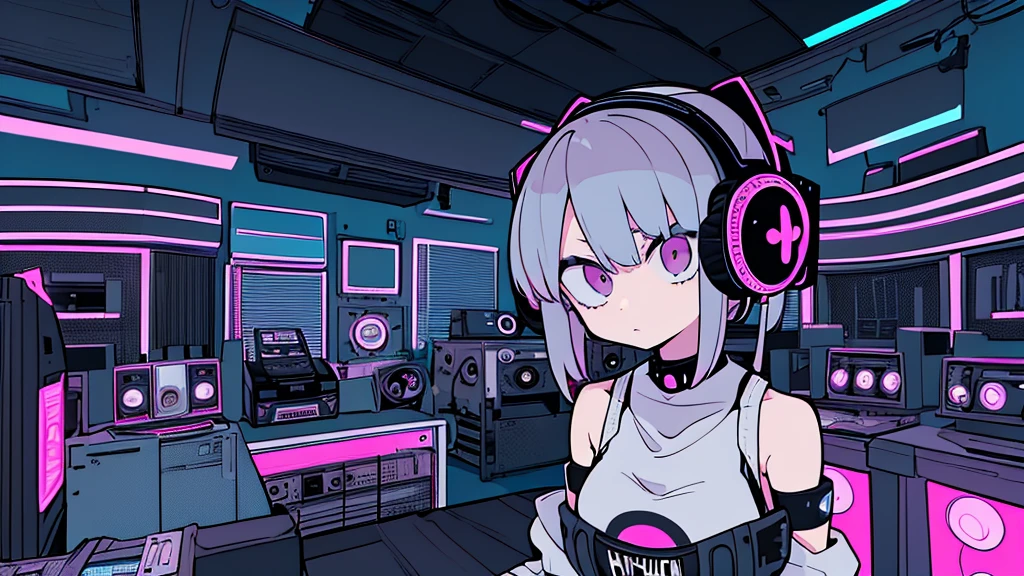 Best quality, (masterpiece), best detail face,1 girl, natural breasts, 18 yo, 8k,absurdres,unity 8k wall paper,(extremely detailed:1.3), highest realistic, (retro headphones:), (soft neon light:), (psychedelic), Her room full of music equipment and records, sports wear , See the whole room , dark grey color pallet