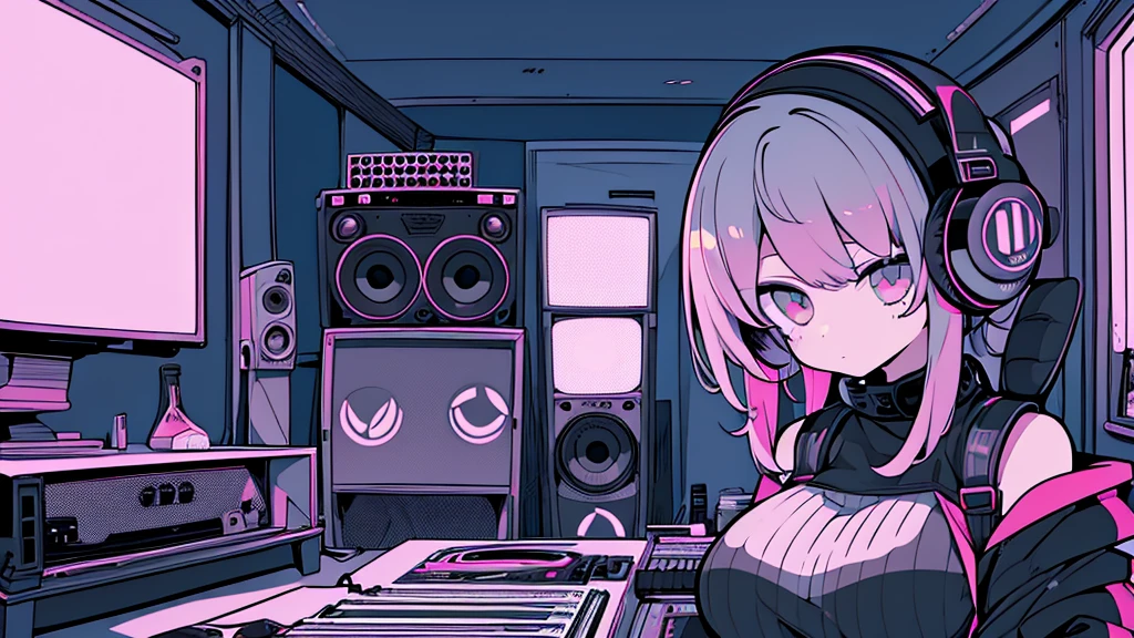 Best quality, (masterpiece), best detail face,1 girl, natural breasts, 18 yo, 8k,absurdres,unity 8k wall paper,(extremely detailed:1.3), highest realistic, (retro headphones:), (soft neon light:), (psychedelic), Her room full of music equipment and records, sports wear , See the whole room , dark grey color pallet
