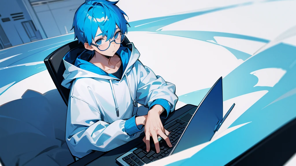 1 boy, short blue hair, blue eyes, wearing white glasses, wearing a hoodie, sitting in front of a computer, opening a cellphone, high quality, 8k