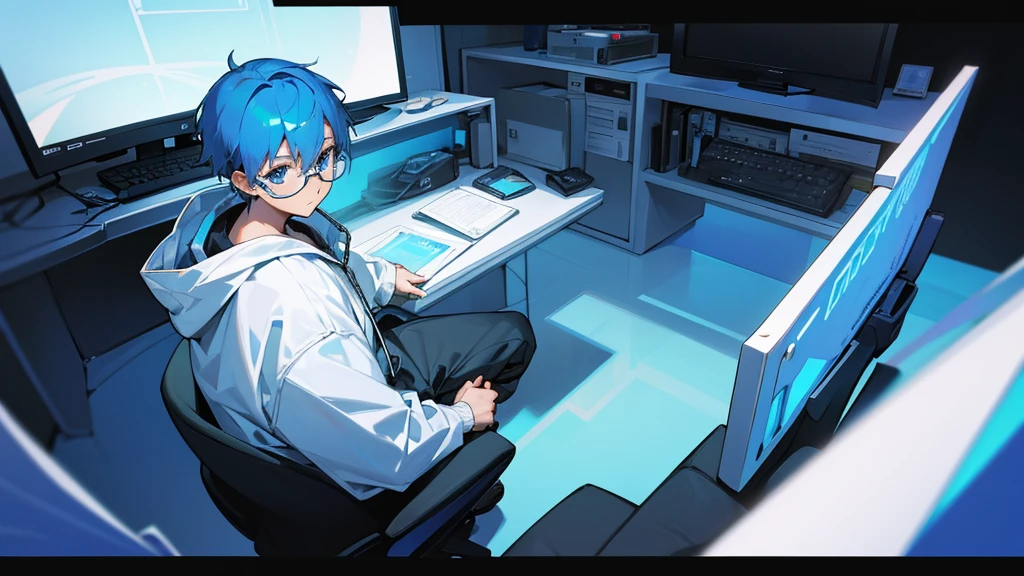 1 boy, short blue hair, blue eyes, wearing white glasses, wearing a hoodie, sitting in front of a computer, opening a cellphone, high quality, 8k