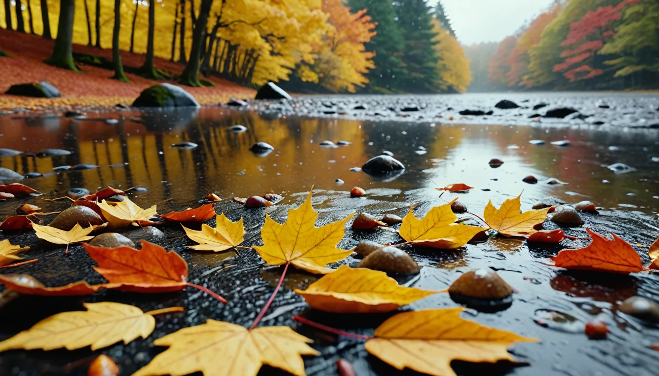 sandy beach, magical round leaves leaves falling, snow is falling thinly,nature documentry footage, youtube video screenshot, today's featured photography 4k, autumn rain turkel, nature photography 4k, november, cinematic widescreen shot, leaves and magic, high quality screenshot, 2 0 2 1 cinematic 4 k framegrab, wide screenshot
