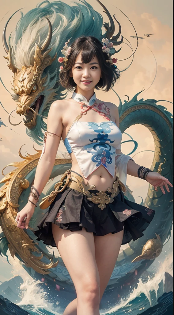 Official Art, Unified 8K Wallpapers, Ultra Detailed, Beautiful and Aesthetic, Masterpiece, Best Quality, (Zentangle, Tangle, Entangle), (fractal art: 1.4), (character center: 1.3), 1girl, black hair, Chinese, off-the-shoulders, short skirt, calf, navel, very detailed, dynamic angle, cowboyshot, (most beautiful form of chaos), ethereal, (bright colors), oc, (half: 1.2), china, (thangka flying sky: 1.5), (ribbon: 1.3), (dream: 1.5), (hanfu: 1.5), Chinese dragon, Chinese phoenix, (smile: 0.5), ( Chinese deities), beautiful teeth smile, smiling, open mouth