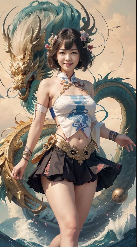 Official Art, Unified 8K Wallpapers, Ultra Detailed, Beautiful and Aesthetic, Masterpiece, Best Quality, (Zentangle, Tangle, Entangle), (fractal art: 1.4), (character center: 1.3), 1girl, black hair, Chinese, off-the-shoulders, short skirt, calf, navel, very detailed, dynamic angle, cowboyshot, (most beautiful form of chaos), ethereal, (bright colors), oc, (half: 1.2), china, (thangka flying sky: 1.5), (ribbon: 1.3), (dream: 1.5), (hanfu: 1.5), Chinese dragon, Chinese phoenix, (smile: 0.5), ( Chinese deities), beautiful teeth smile, smiling, open mouth