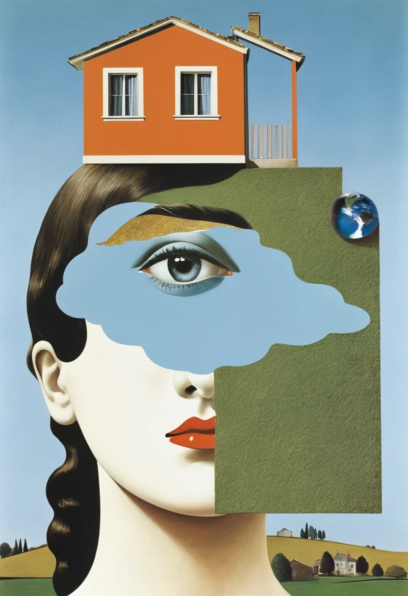 René Magritte，Weird misplaced art：Collage画，There are many different things on the face，house，Geometric Dislocation，Collage，Artistic sense，Painting，paint，Simple，