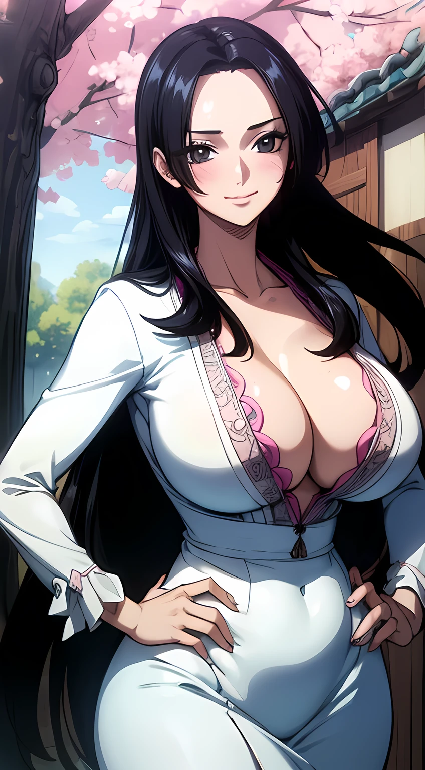 (((masterpiece))), (((best quality))), ((ultra-detailed)), (highly detailed CG illustration), Boa Hancock, (masterpiece:1.5), Detailed Photo, Smiling, (Best Quality: 1.4), (1girl), Beautiful Face, (Black Hair, long Hair: 1.3), Beautiful Hairstyle,  beautiful detail eyes, (realistic skin), beautiful skin, absurd, attractive, ultra high resolution, high definition, (sexually aroused:1.5), Pinkish white skin, cool white light, Beautiful ,curvy, large breast, cleavage, Milf, thicc thighs, 1girl, solo, long_hair, hands_on_hips, dress, realistic, outdoors, standing, blue_dress, black_hair, 