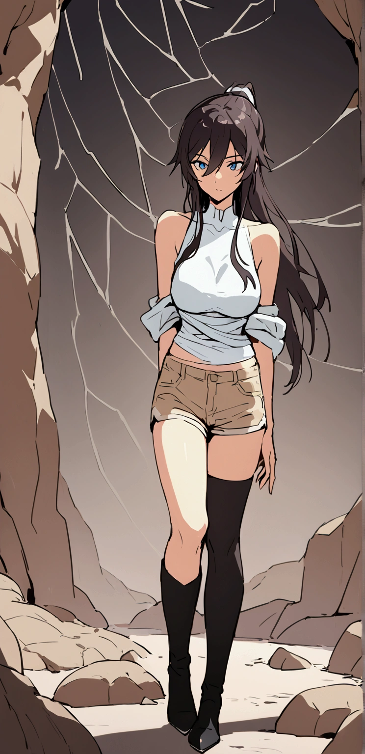 shirase sakuya,Slender and sexy woman,Black thigh-high boots,Beige jean shorts,cave,Put your hands behind your back,Spider It,spiderweb,Constraints,insect,Wrap around the body,両足Constraints,