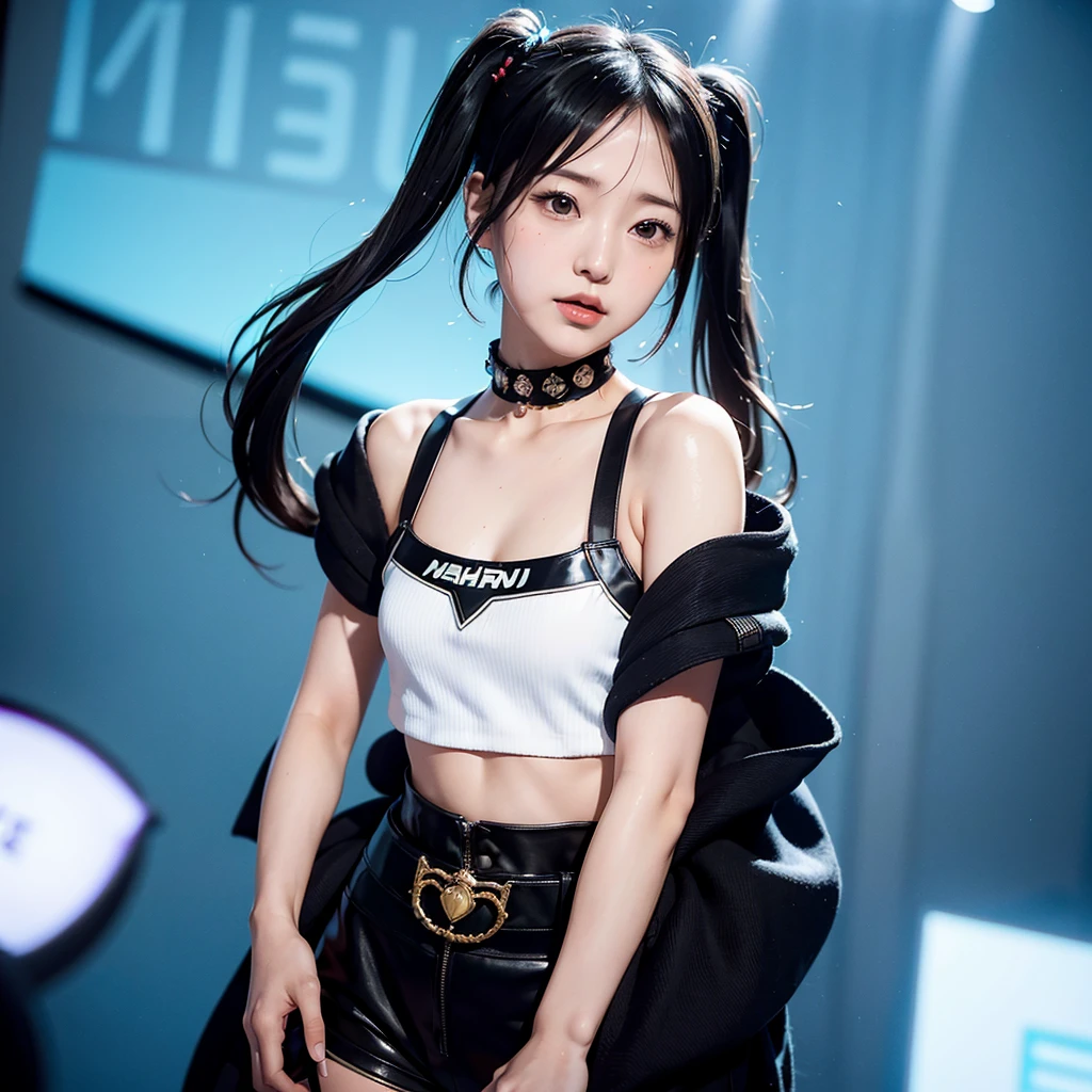 40 year old Japanese woman、black hair、Your hair is really short、twin tail、Hatsune Miku's costume、headphone、flat chest、realistic photos、realistic、8K quality、tall、no bangs、Live venues、sing into the mic、face close up、After school