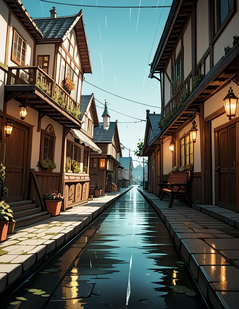 A soft touch to painting、超High resolution, Attention to detail, high quality, High resolution, 最high quality, 4K, 8K,Road after the rain、sunset、Puddle and girl、In town