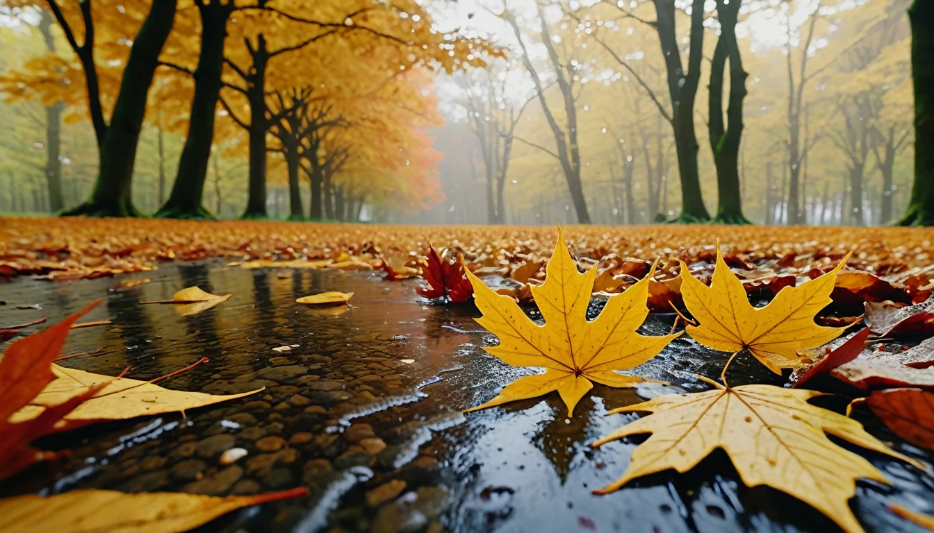 sandy beach, magical round leaves leaves falling, snow is falling thinly,nature documentry footage, youtube video screenshot, today's featured photography 4k, autumn rain turkel, nature photography 4k, november, cinematic widescreen shot, leaves and magic, high quality screenshot, 2 0 2 1 cinematic 4 k framegrab, wide screenshot
