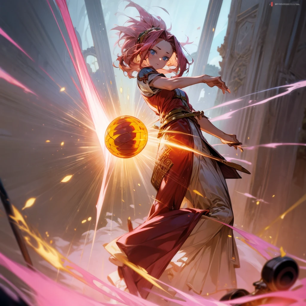 1girl, Full body version, 1character, blue eyes, long Curly haircut, pink colour hair, ancient roman style clothing, red colour clothing, Grassroots, background in field Castle, motion blur, (Hunter x Hunter style), aura effect, lighting aura, smoke effect, lighting sun, sun, plasma effect, smoke effect, fire, golden fireball,