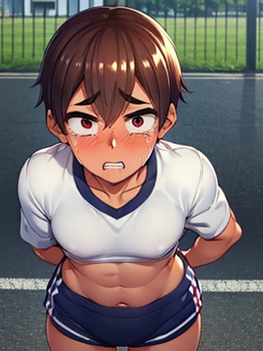 Buruma,gym uniform,Belly button,(((A boy,Shyness))),(embarrassed and blush,disappointed,constitution pupils:1.2,tears), (Patience),show teeth,shyness:1.1, ,flat chest,Red face,Watery eye,Shyness,Short Hair,Outdoor,Famous meeting points,lowrise bottom,fullbody