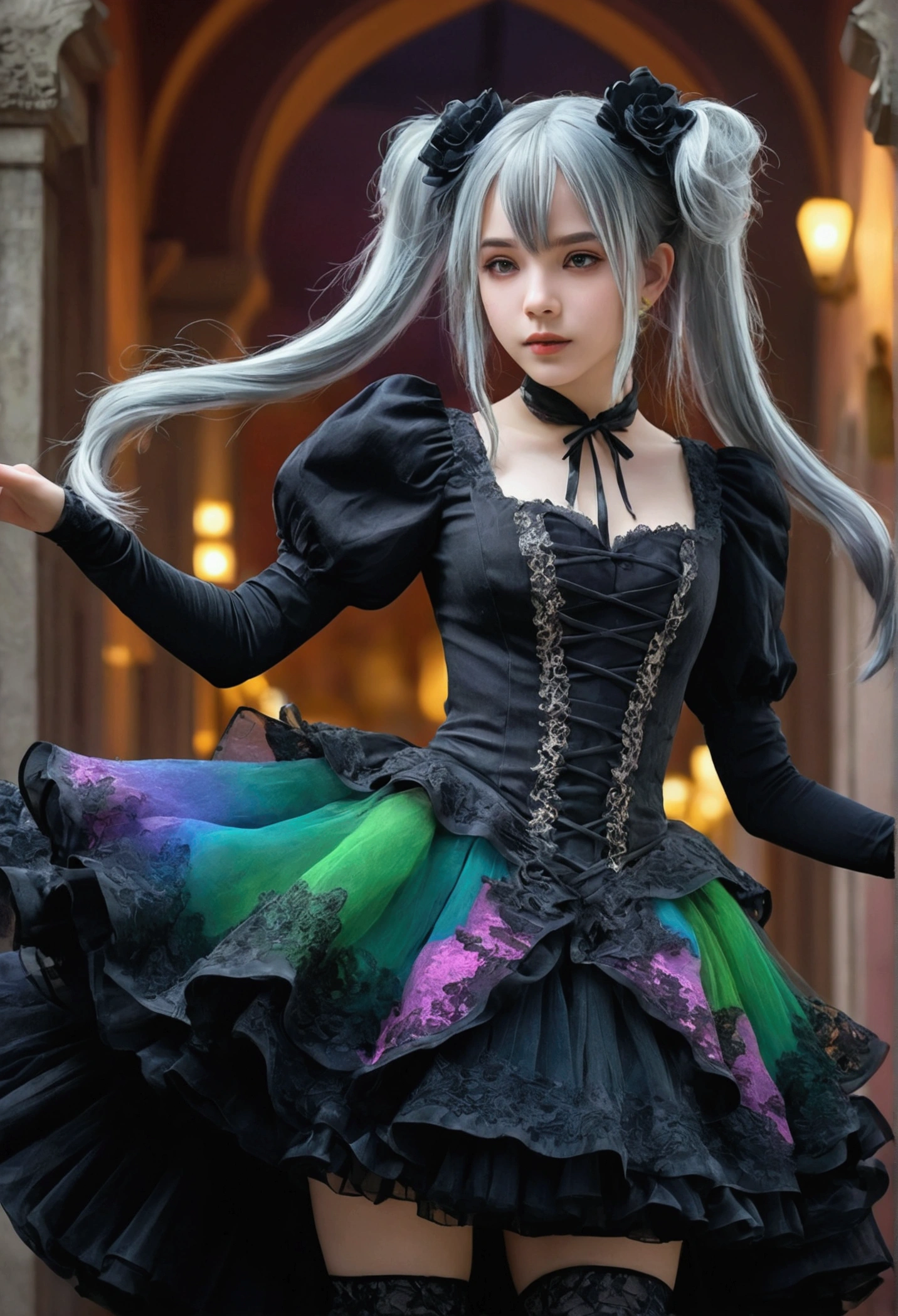 (One girl),Gothic,Twin tails,Gray Hair, Organza Lace,Gorgeous and elaborate clothes,Gothic, flight, green, (colorful), Bold, Gradient Blend, Motion Blur, Sparkling Texture, Dynamic configuration, Atmospheric perspective, Impressionist, , (masterpiece), (Highest quality), wonderful, (Beautiful attention to detail), (In detail), Depth of written boundary, Highly detailed CG, original, Highly detailed wallpaper, (Vibrant colors), Cinema Lighting,  (colorful), blush,