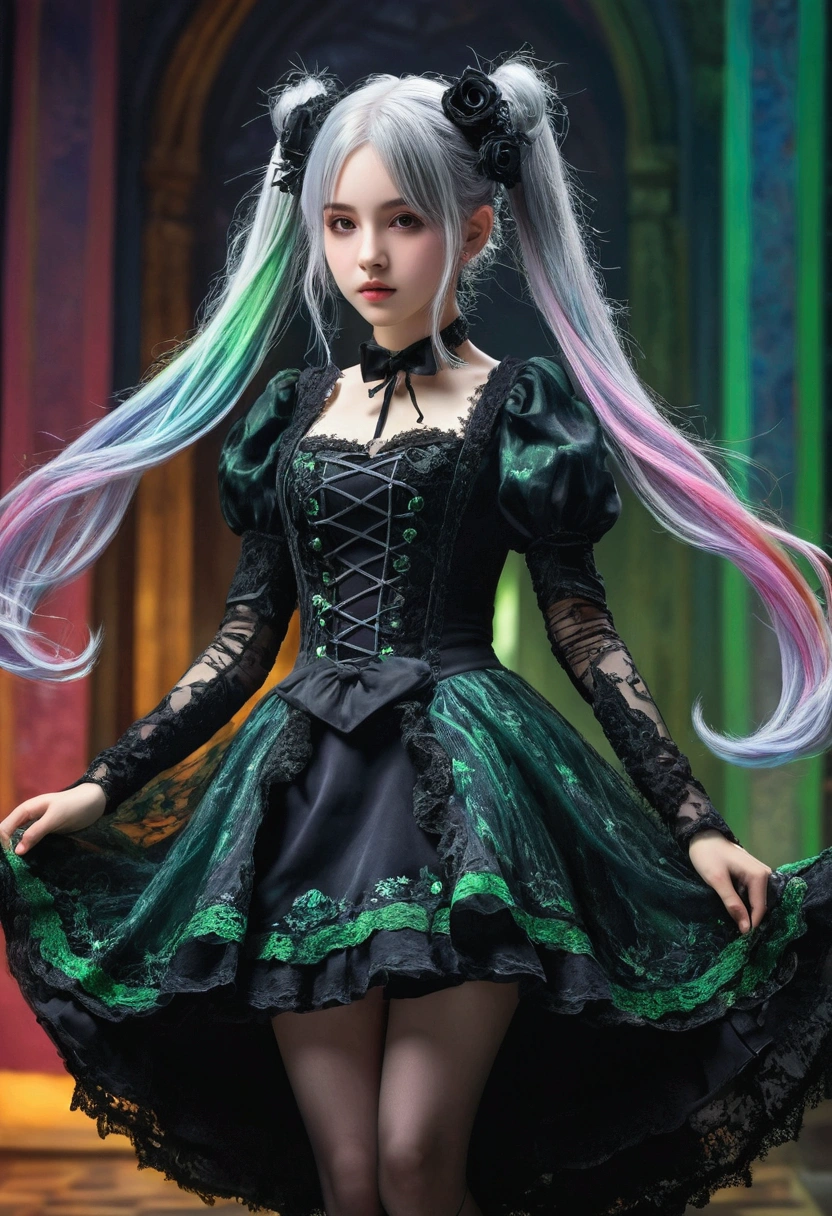(One girl),Gothic,Twin tails,Gray Hair, Organza Lace,Gorgeous and elaborate clothes,Gothic, flight, green, (colorful), Bold, Gradient Blend, Motion Blur, Sparkling Texture, Dynamic configuration, Atmospheric perspective, Impressionist, , (masterpiece), (Highest quality), wonderful, (Beautiful attention to detail), (In detail), Depth of written boundary, Highly detailed CG, original, Highly detailed wallpaper, (Vibrant colors), Cinema Lighting,  (colorful), blush,