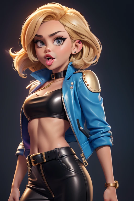 obra prima, melhor qualidade, ((only one woman,)) ((miley cyrus, tan skin, wavy bob hair, open mouth, sticking tongue out side of mouth,)) head back, (sassy wicked sultry sneer, big teeth smile,) open mouth, pucker mouth, sunglasses, ((thick smoky black eye shadow, long fake eyelashes, sticking tongue out,)) (cerulean blue leather jacket with puff shoulder,) biker jacket has stiff collar, leather blouse, (magenta leather sweater dress, metallic leather sun dress, leather culottes,) ((gold blazer length leather coat,)) (periwinkle pvc skirt, pockets, unzipped front,) studs zippers snaps, shiny leather gloves, nip slip, body is skinny, shiny tight buttocks, arched back, camera view of whole body, looking up at me, shallow depth of field, highres, HD, 8k, anatomically correct
