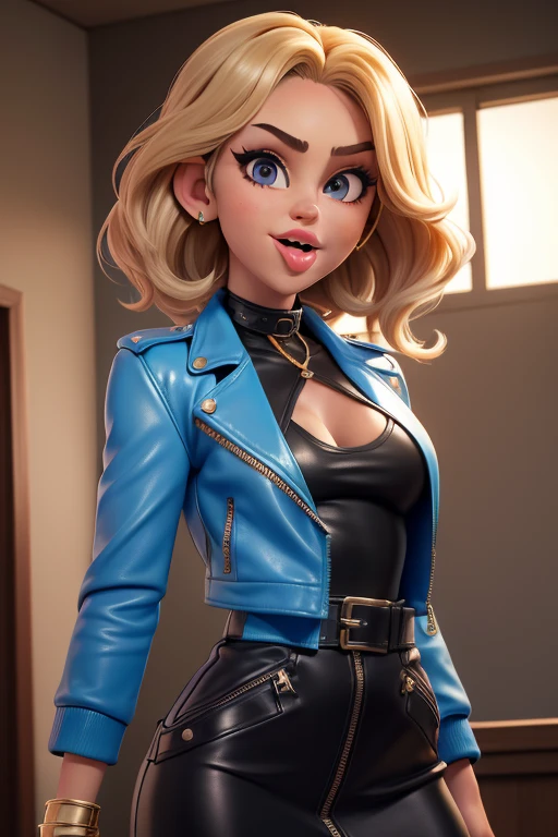 obra prima, melhor qualidade, ((only one woman,)) ((miley cyrus, tan skin, wavy bob hair, open mouth, sticking tongue out side of mouth,)) head back, (sassy wicked sultry sneer, big teeth smile,) open mouth, pucker mouth, sunglasses, ((thick smoky black eye shadow, long fake eyelashes, sticking tongue out,)) (cerulean blue leather jacket with puff shoulder,) biker jacket has stiff collar, leather blouse, (magenta leather sweater dress, metallic leather sun dress, leather culottes,) ((gold blazer length leather coat,)) (periwinkle pvc skirt, pockets, unzipped front,) studs zippers snaps, shiny leather gloves, nip slip, body is skinny, shiny tight buttocks, arched back, camera view of whole body, looking up at me, shallow depth of field, highres, HD, 8k, anatomically correct