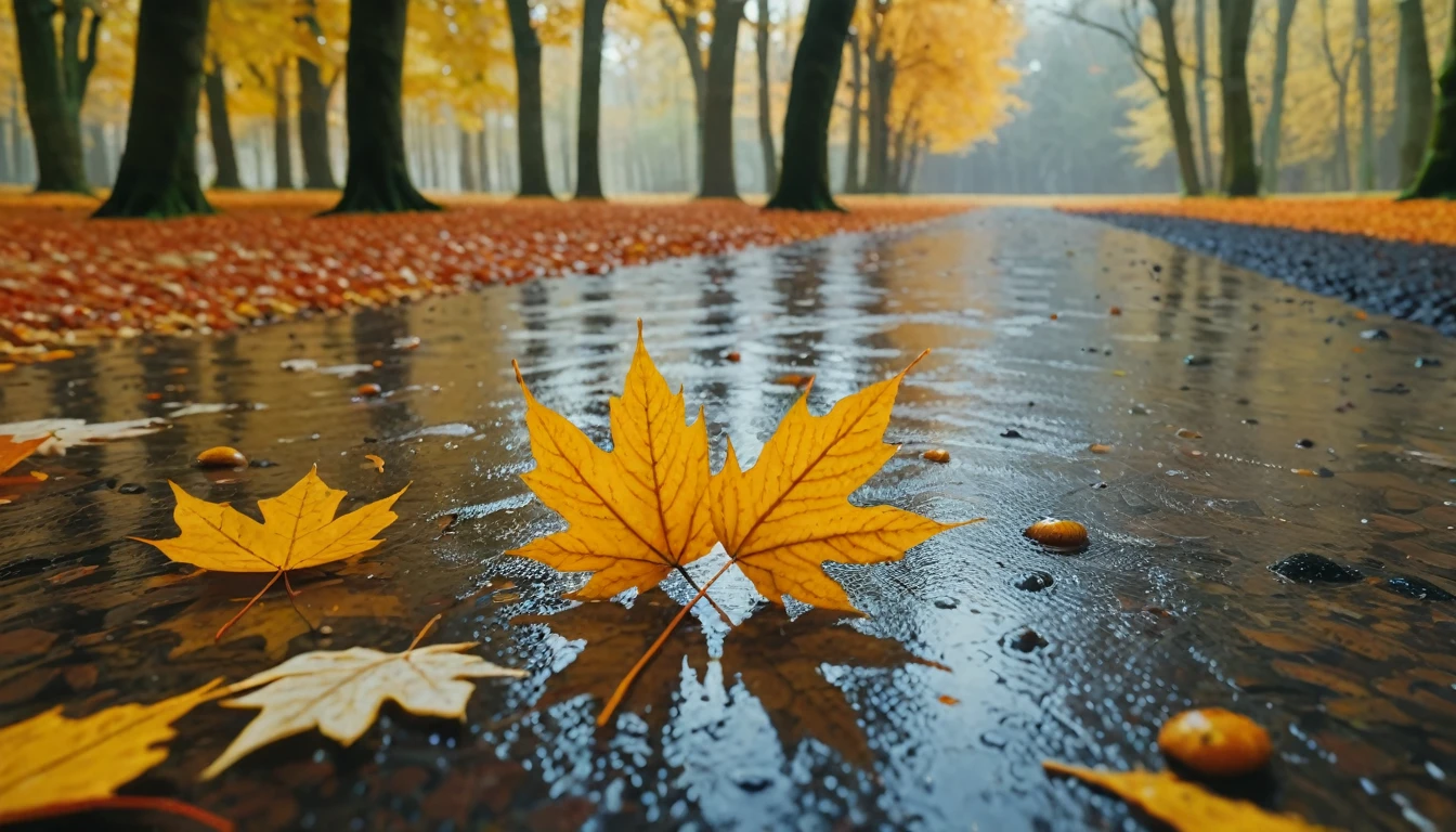 sandy beach, magical round leaves leaves falling, snow is falling thinly,nature documentry footage, youtube video screenshot, today's featured photography 4k, autumn rain turkel, nature photography 4k, november, cinematic widescreen shot, leaves and magic, high quality screenshot, 2 0 2 1 cinematic 4 k framegrab, wide screenshot