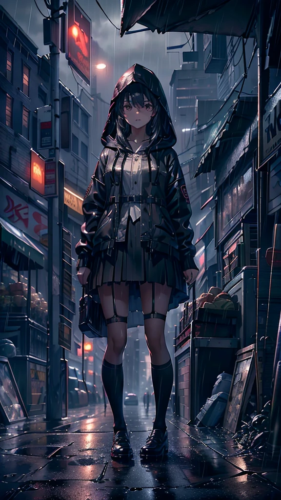 8K,tmasterpiece,Best quality,hyper-detailing,realistically,Extremely detailed face,light,ray traycing,unlit hair,
On cloudy streets,Corner store,foggy and heavy rain,A black man with long hair and black eyes,girl standing in the middle of the road,She was wearing a black convertible hooded jacket,White color blouse,Short black skirt and black garter belt,student shoes,Clothes soaked by rain,depth of fieldtent ),Cinema lens lighting,