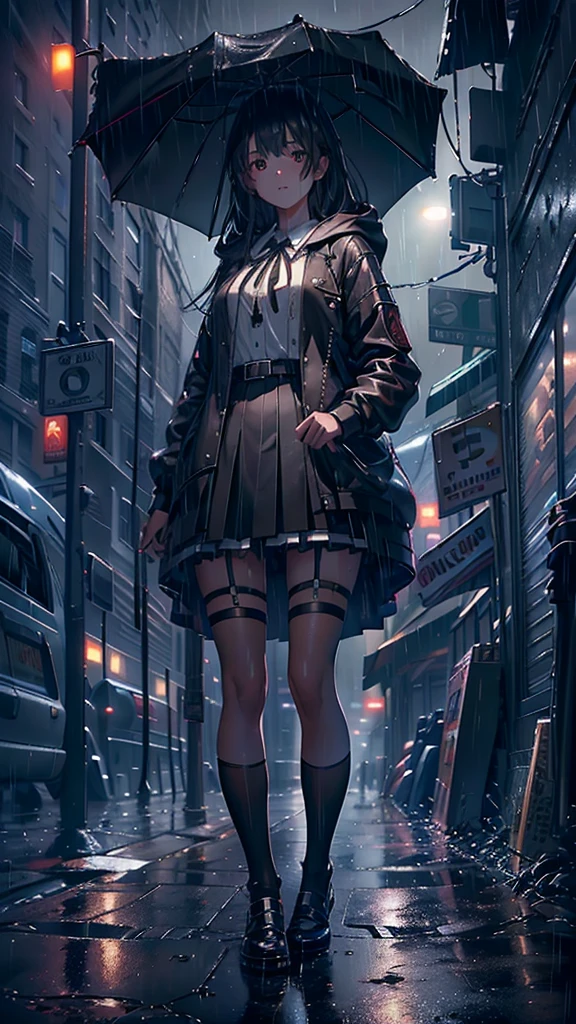 8K,tmasterpiece,Best quality,hyper-detailing,realistically,Extremely detailed face,light,ray traycing,unlit hair,
On cloudy streets,Corner store,foggy and heavy rain,A black man with long hair and black eyes,girl standing in the middle of the road,She was wearing a black convertible hooded jacket,White color blouse,Short black skirt and black garter belt,student shoes,Clothes soaked by rain,depth of fieldtent ),Cinema lens lighting,