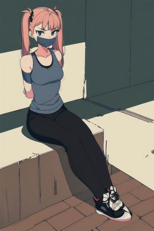 ((1 girl)), ((twin tails)), bound, (arms behind back:1.4), ((simple_background)), ((concrete floor, concrete wall)), ((dark empty room)), tied hands, tied ankles,  ((arms behind back)), ((((arms behind back)))), ((scowl)), ((sitting on the knees)), ((mouth close)), ((mouth gagged)), ((tape gag)), bdsm, tape gag, ((helpless)), (tights pants, long black pants, sports shoes)