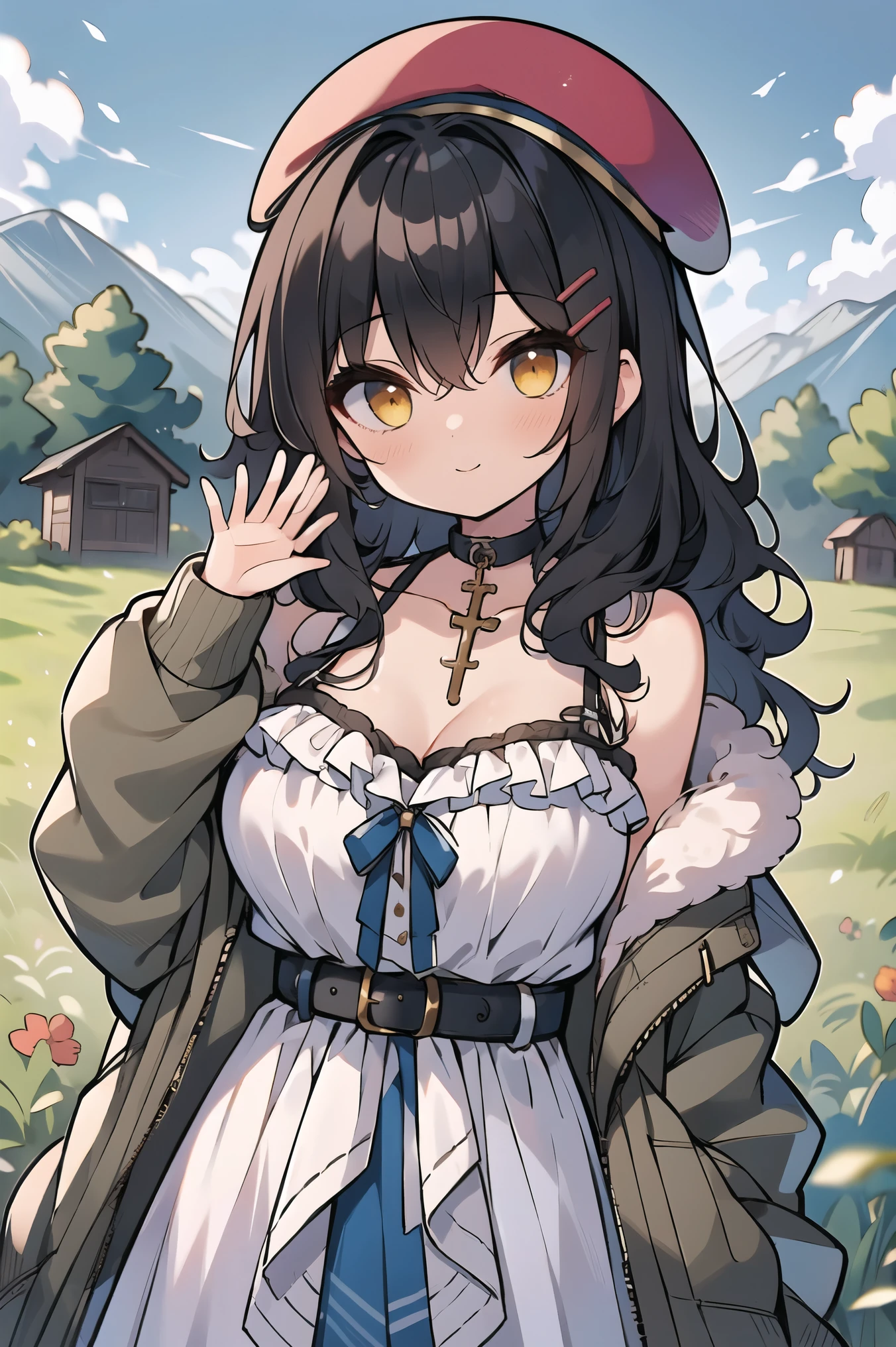 (masterpiece:1.2), (high quality:1.2), girls with((1girl, solo, black hair, yellow eyes, smiling, (wavy long hair, millitary beret, hairclips:1.45), blush, breasts, choker, cleavage, coat, cowboy shot, navy lace dress, camisole, ribbon waist belt, black ribbon belt, red bow, red ribbon, neck ribbon, collar, collarbone, rosary, rosary choker, cross, fur, fur trim, parka, khaki hoodie, green hoodie, khaki jacket, hood down, hooded coat, hooded jacket, hoodie, jacket, large breasts, long sleeves, medium breasts, open clothes, open coat,open hoodie, sleeveless, winter clothes, zipper, cleavage, upper body, hand up, waving, palm)), background with((architecture, blue sky, bush, castle, village, no humans, cloud, cloudy sky, day, field, garden, grass, hill, house, lamppost, landscape, mountain, mountainous horizon, nature, no humans, outdoors, scenery, shrine, sky))