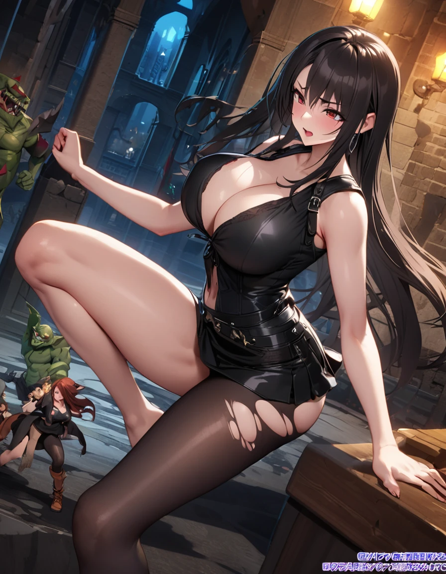 masterpiece, 最high quality, High resolution, Final Fantasy 7、Tifa Lockhart、Black torn clothes 、Black ripped pantyhose、Dark church at night、sexy、Wearing a mini skirt、Thin legs、Big Breasts、Slim figure、high quality　CG Tone、Black panties、Raped by a sadistic woman、Sex with women、Lesbian、using a vibrator、Panting loudly、Half naked、Black blindfolded