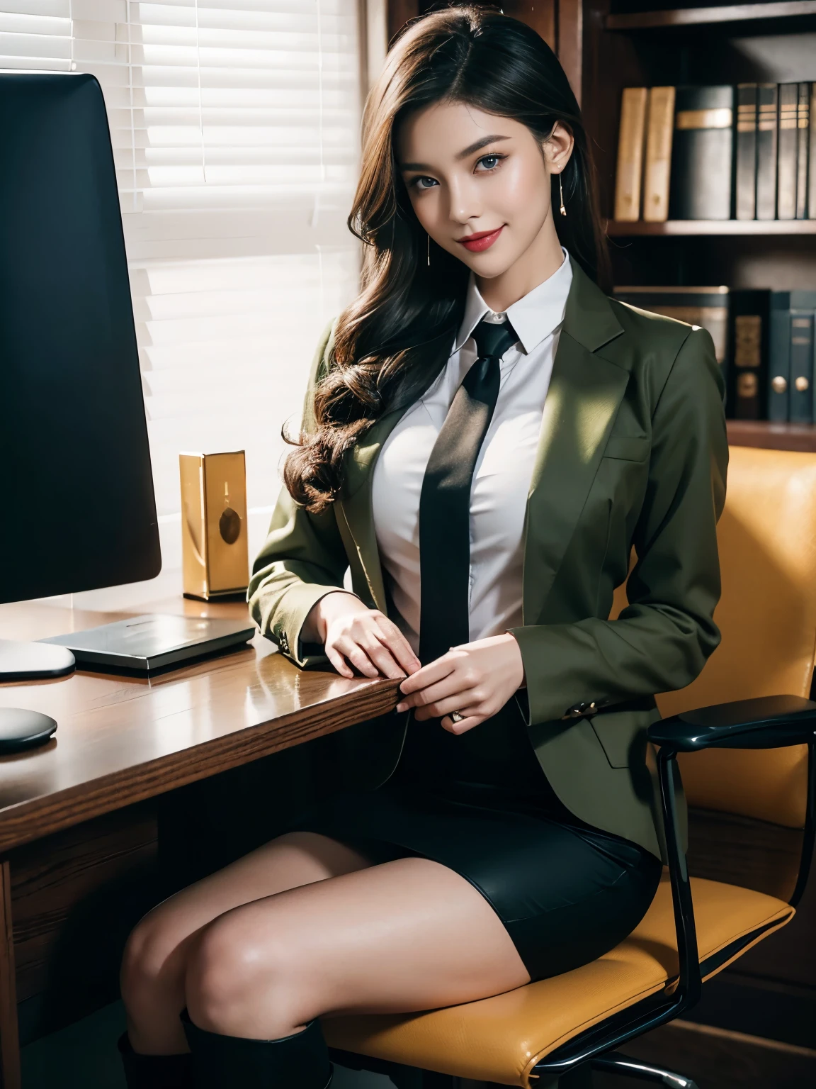 (Full body portrait), in the office,  a Chinese beauty in uniform, (Retro finger waves),finger waves, perfect face, smirk, lipstick, red lips, well toned ass，Deep olive green tight fitting wool jacket, a brown-green shirt,wearing (Black uniform tie),Deep Olive Green Wool Pencil Skirt, （Black high heeled knee high boots）,(handing male colleague an envelope),(male colleague sitting on the office chair), smiling, blushing, bright eyes, 1 girl, 1 boy, full body  standing, seductive smile, male colleague, office, desk, chair (night, bright lights), Best quality, masterpiece, ultra-high res, (photosensitive: 1.4),  8k Portrait of beautiful, enriched, elegant, highly detailed, Majestic, digital photography, art by artist and run jia and greg rutkowski, (masterpiece, sidelighting, finely detailed beautiful eyes: 1.2), hdr, detailed background,