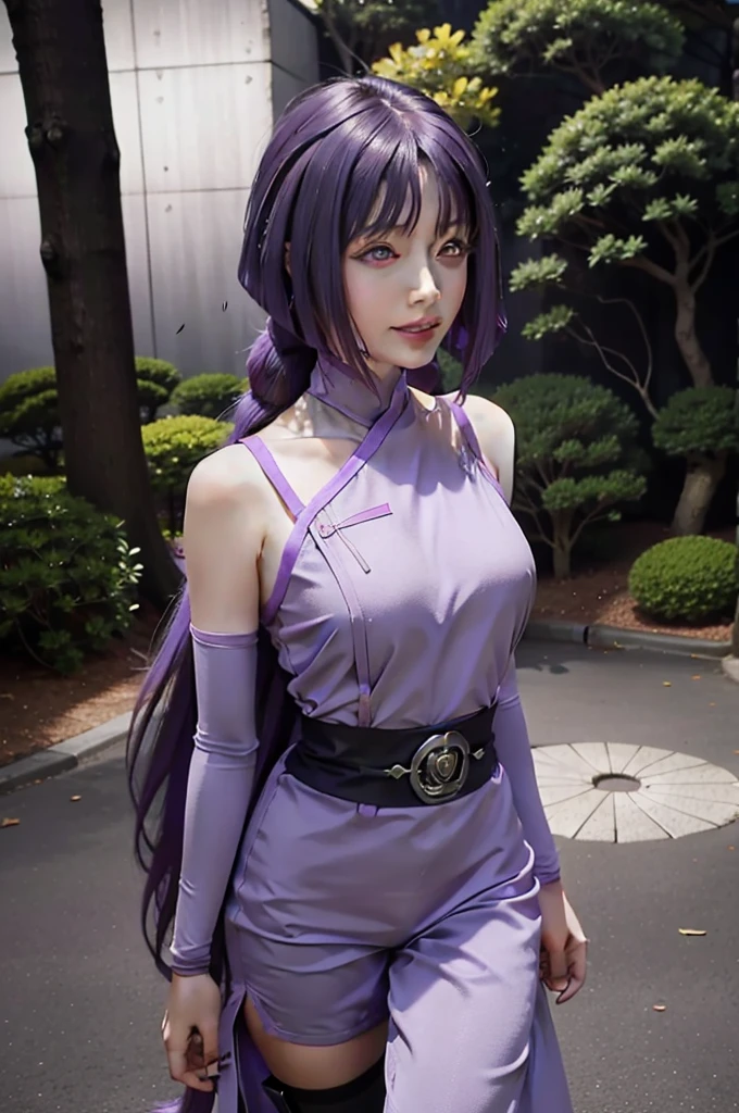 1girl, sumire in anime boruto, long hair, purple hair, purple eyes, smile, beautiful, sexy dress, sexy clothes, purple clothes, very big breast, realistic clothes, detail clothes, outdoor background, ultra detail, realistic