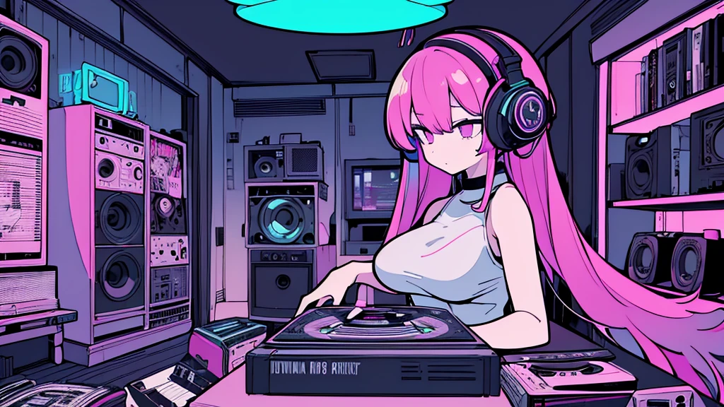 Best quality, (masterpiece), best detail face,1 girl, natural breasts, 18 yo, 8k,absurdres,unity 8k wall paper,(extremely detailed:1.3), highest realistic, (retro headphones:), (soft neon light:), (psychedelic), Her room full of music equipment and records, sports wear , See the whole room , dark purple color pallet
