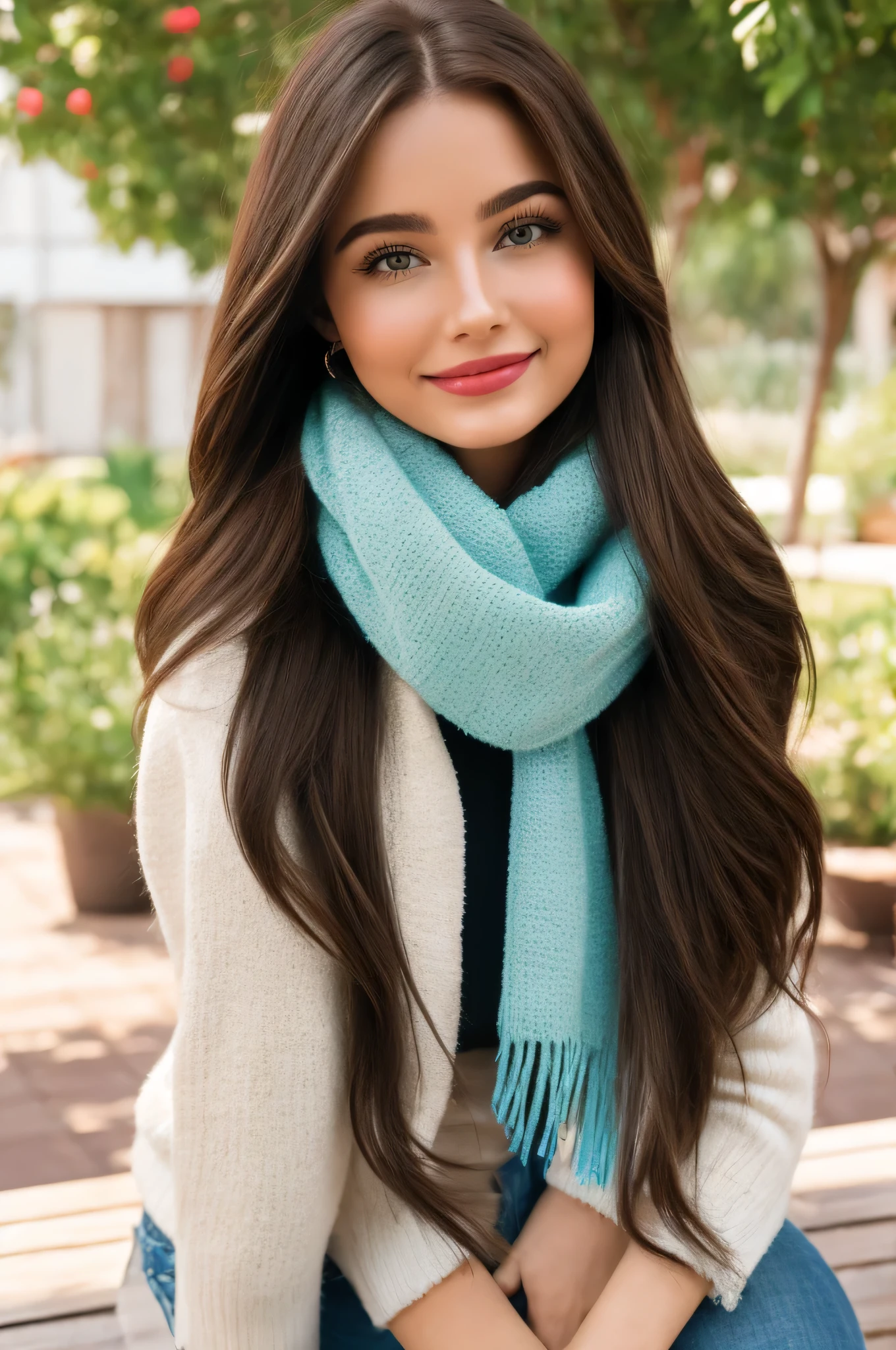 casual photography, best qualityer, 8K, hyper detailled, whole body, A close-up portrait of a beautiful, enchanting, seducer, gracious, majestic, chic, fashionable, Argentinian woman with super long flowing brown hair. loose hair, silky hair, shiny hair, ethereal Argentine beauty, Argentine exotic beauty, timeless argentine beauty, Dreaming about Argentine beauty. She has the cutest face, radiant countenance, light porcelain skin, Soft makeup, red lipgloss stick, She's wearing a black leather jacket, sweater, tissue, Skinny pants, and boots. Ela está glad, glad, happy, happy, rosto angelical, Angelic beauty. caring woman, tenderness and delicacy in person. She is in the garden, having a coffee.