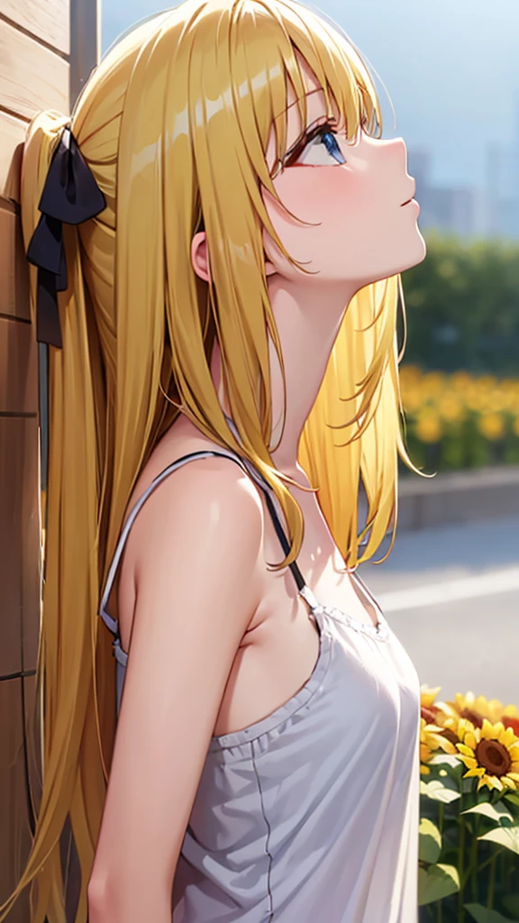 (masterpiece:1.3), (best quality:1.1), (8k, ultra detailed, ultra high res:1.2), ((anime style)), perfect 5 fingers, perfect anatomy, behind arms back, 
1girl,
BREAK long hair, wavy hair, 
(blonde hair), (blue eyes), BREAK medium breasts, (camisole, Sequins:1.4), white camisole,   
(looking up, from side:1.5), (upper body:1.1), BREAK outdoor, Starry night sky, sunflower field, galaxy, 