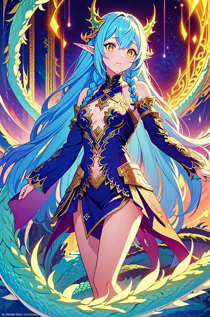 (masterpiece, top quality, best quality, official art, beautiful and aesthetic:1.2), (1girl), extreme detailed,(fractal art:1.3),colorful,highest detailed, cute young girl, light blue hair, long hair, small braids hair, yellow eyes, elf ears, dragon tail, dragon thorn, muscular body, small breast, lady dragon