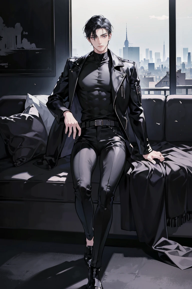 anime - (masterpiece), best quality, seductive eyes, mature face, black eyes, short slicked back black haircut, plain black t shirt, black leather jacket, black pants, tall man, long legs, masculine, broad shoulders, adult-like, full body, bad boy, black motorcycle
