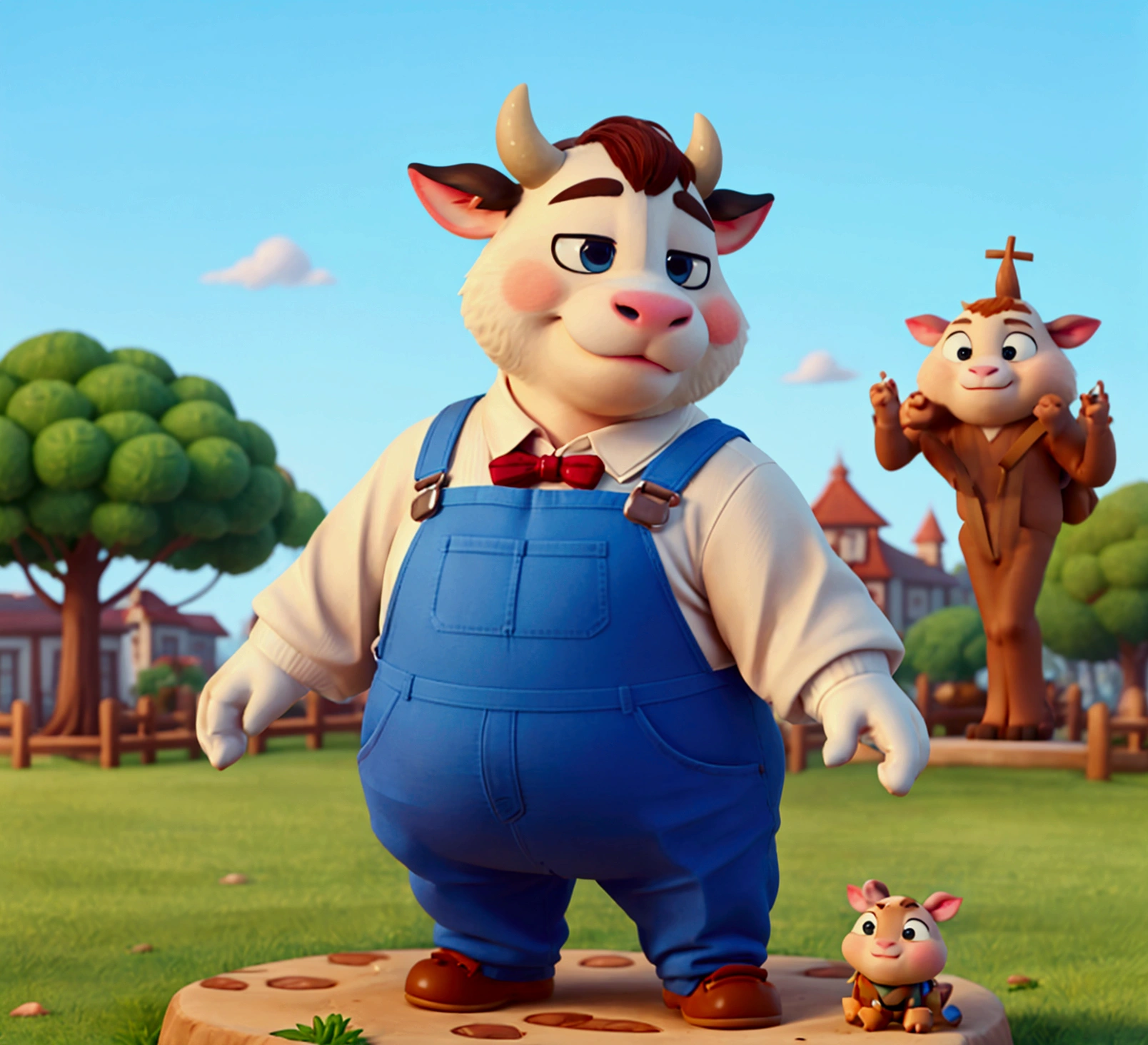 A standing cow,White skin,Zootopia style,Cartoon animation character,Chubby body,Wear blue suspenders,Cute,cartoon design,personification,European and American cartoon game,best quality
