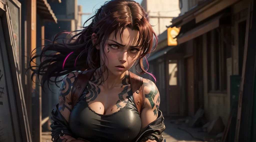 Revy from black lagoon, tattooed babe, wearing a black leather jacket, short ripped jeans, Her expression is sensual, hair loose and messy, hair blowing around, background is a bright scene, neon lights illuminating the area around her, The artwork is rendered in an edgy and realistic style, with high attention to detail and sharp focus. The colors are vivid and contrasted, with a slight desaturation to create a moody atmosphere. shadowy highlights enhancing the overall composition. The medium used is a digital illustration, with a touch of photo-realistic elements to add depth and texture to the image. The final result is a masterpiece in ultra-high resolution, showcasing the intense and raw nature of Revy's character. she's facing the front image, alone, poster shot