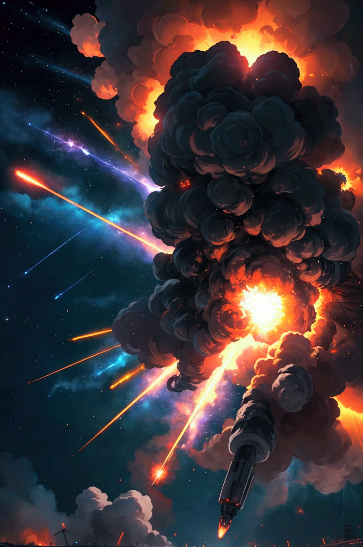 A dark, massive explosion in the sky, bright flashes of light, rocket launch, extreme action, dynamic movement, intense energy, cinematic lighting