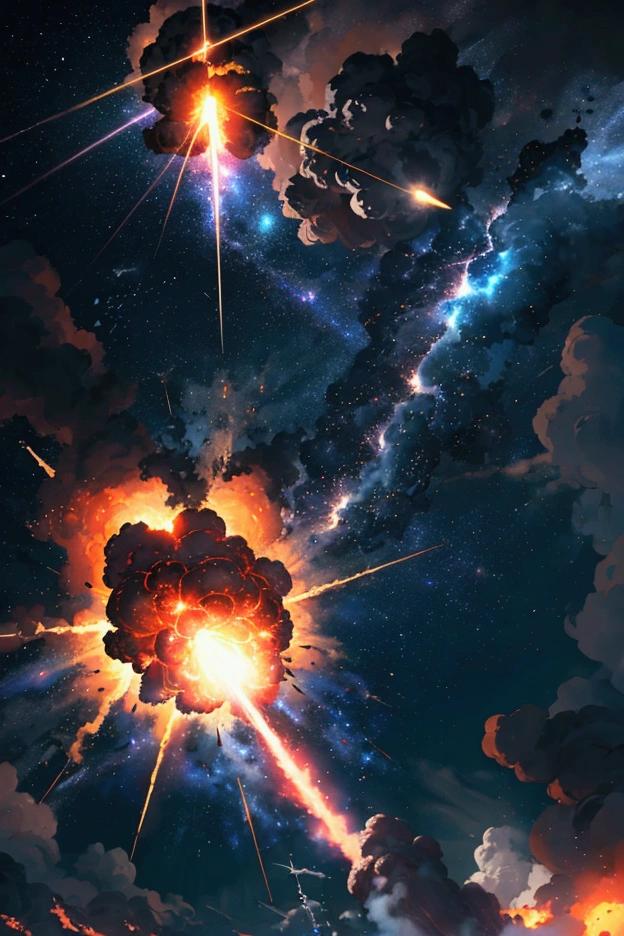 A dark, massive explosion in the sky, bright flashes of light, rocket launch, extreme action, dynamic movement, intense energy, cinematic lighting