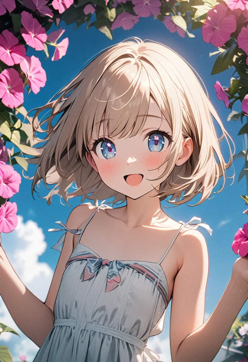 1 girl, 18yo, (flat chest: 1.5), blue eyes, light brown hair, bob cut, early summer outfit, smiling, posing, having fun, upper body, Hollyhock Field, blue sky, 8k, RAW photo, best quality, masterpiece, extremely detailed 8k wallpaper, ultra-detailed, best shadow, detailed background, beautiful detailed face, beautiful detailed eyes, nice hands, perfect hands