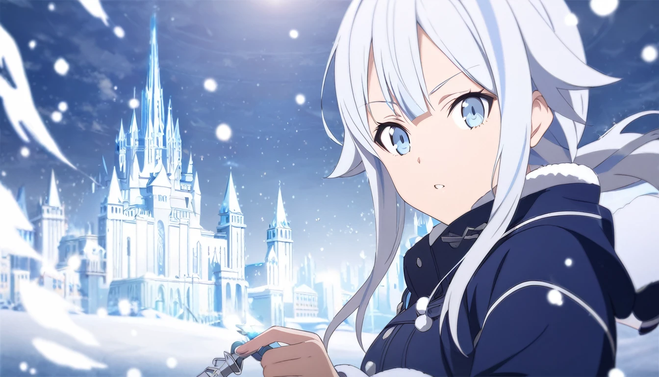 Anime style,Sword art Online style, female(blue white hair,multicolored hair,female,girl,blue outfit,snow effect,snow city background,HD,Magic wand long