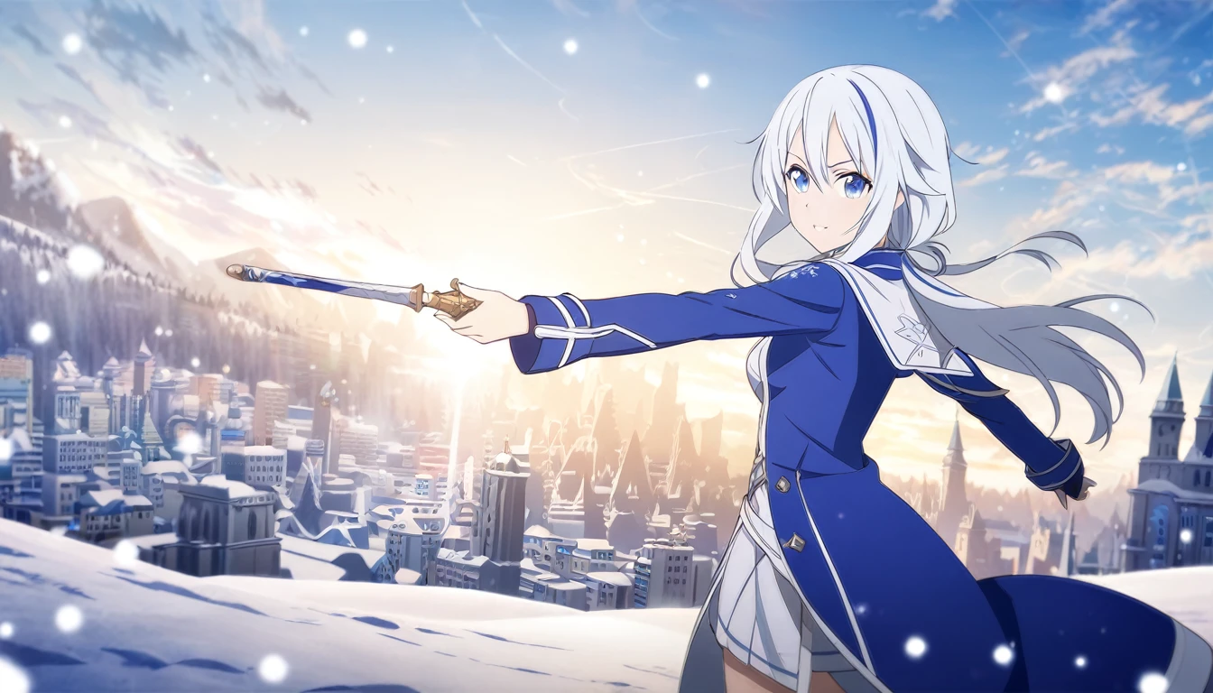 Anime style,Sword art Online style, female(blue white hair,multicolored hair,female,girl,blue outfit,snow effect,snow city background,HD,Magic wand long