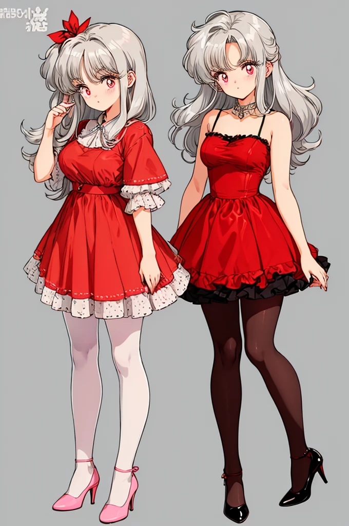 (masterpiece, Highest quality), female, Red dress, pantyhose, Cute Face, blush,Pink Eyes,High heels,Silver Hair,Standing in the steppe