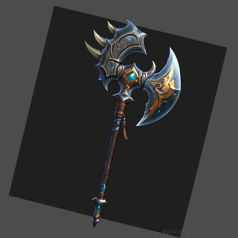 Close-up of a large metal weapon with a large blade, Fantasy weapons, Tomahawk, epic Fantasy weapons art, World of Warcraft Blizzard Weapon Art, Fantasy Scythe, halberd, Tomahawk, Fantasy RPG Weapon Art, Sword weapons, RPG item rendering, Leviathan Axe, Hammer Weapon, Role Playing Game Items, Weapon Design, As seen on artstation